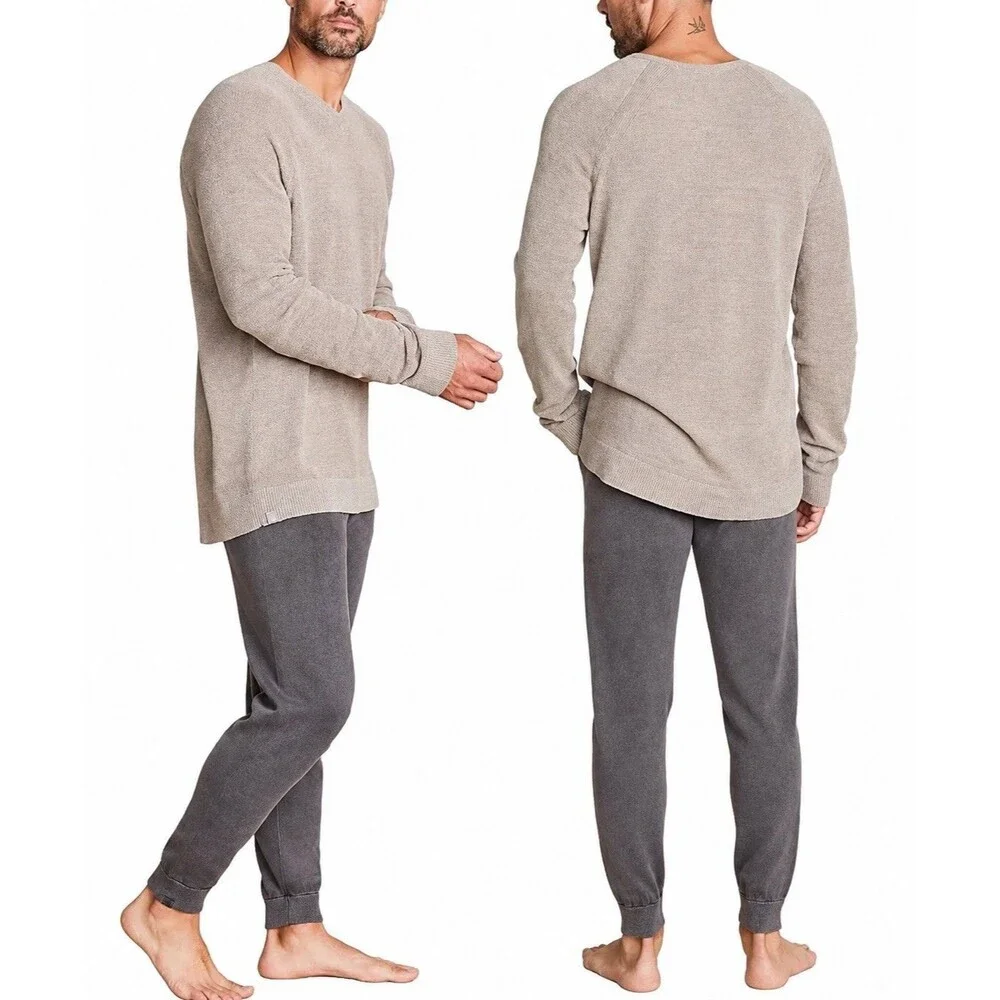 Barefoot Dreams CozyChic Ultra Lite Men's V-Neck Pullover M Taupe Beige Sweater